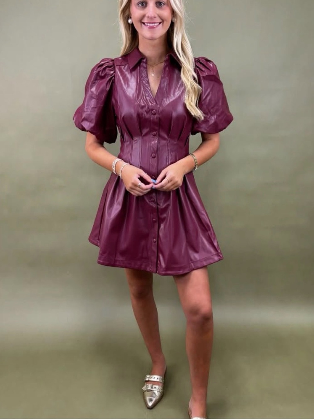 glam Burgundy Vegan Leather Puff-Sleeve Mini Dress